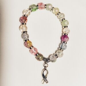 Handmade Multicolor Beaded Stretch Bracelet with "Hope" Ribbon Charm